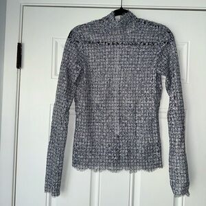ROSIE ASSOULIN size 4 white blue mock neck top blouse lace floral long‎ sleeve